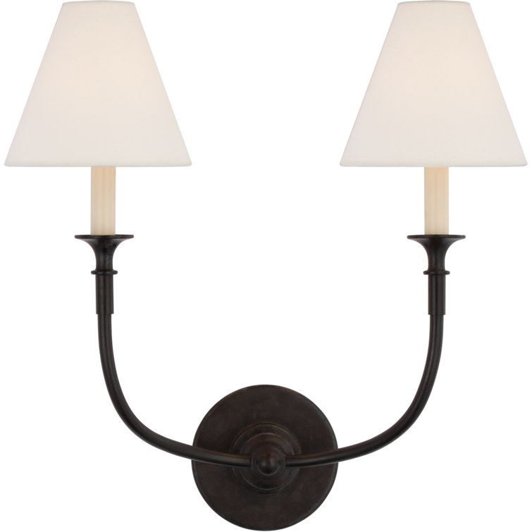 Aged Iron 2-Light Dimmable Wall Sconce with Linen Shades