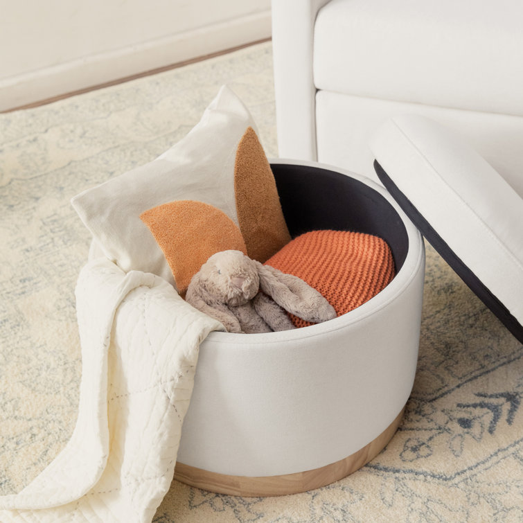 Naka 21.5" Round Cream Storage Ottoman with Light Wood Base