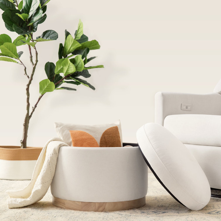 Naka 21.5" Round Cream Storage Ottoman with Light Wood Base