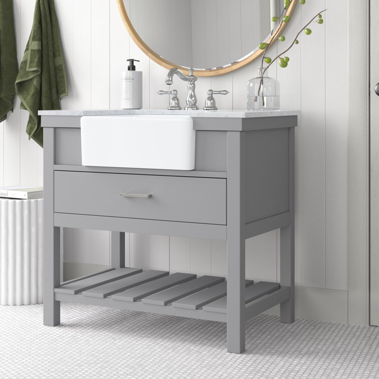Gray 36" Solid Wood and MDF Single Bathroom Vanity with Carrara Marble Top