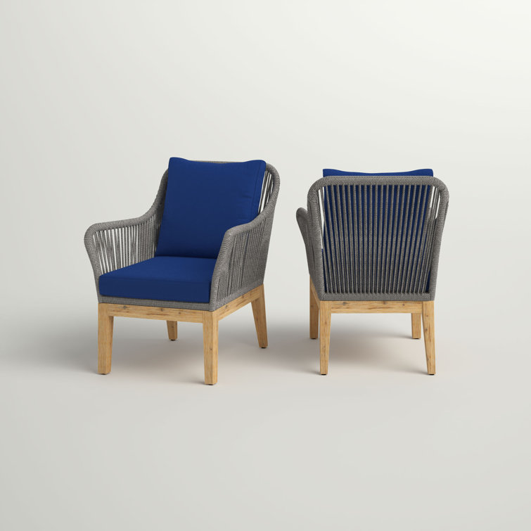 Navy Cushioned Acacia Wood Rope Patio Chair Set