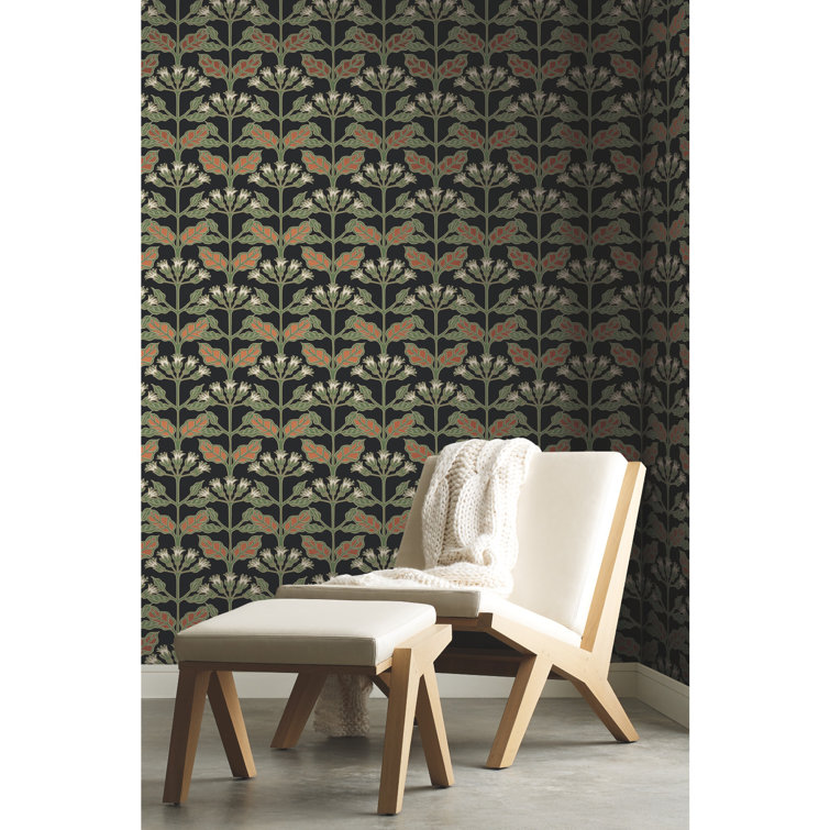 Black Floral Nonwoven Wallpaper with Metallic Accents