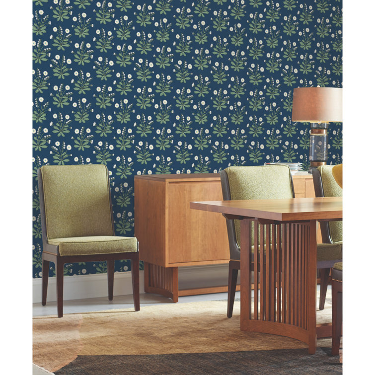 Navy and White Floral Nonwoven Wallpaper Roll