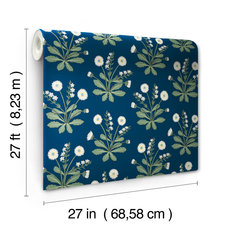 Navy and White Floral Nonwoven Wallpaper Roll