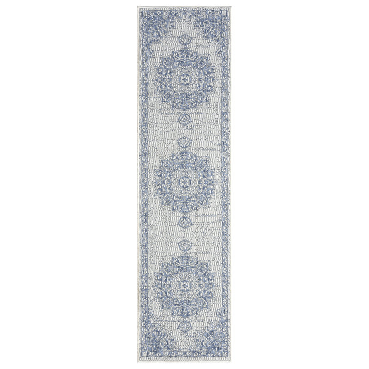 Elegant Medallion Grey/Blue Indoor/Outdoor Synthetic Runner Rug