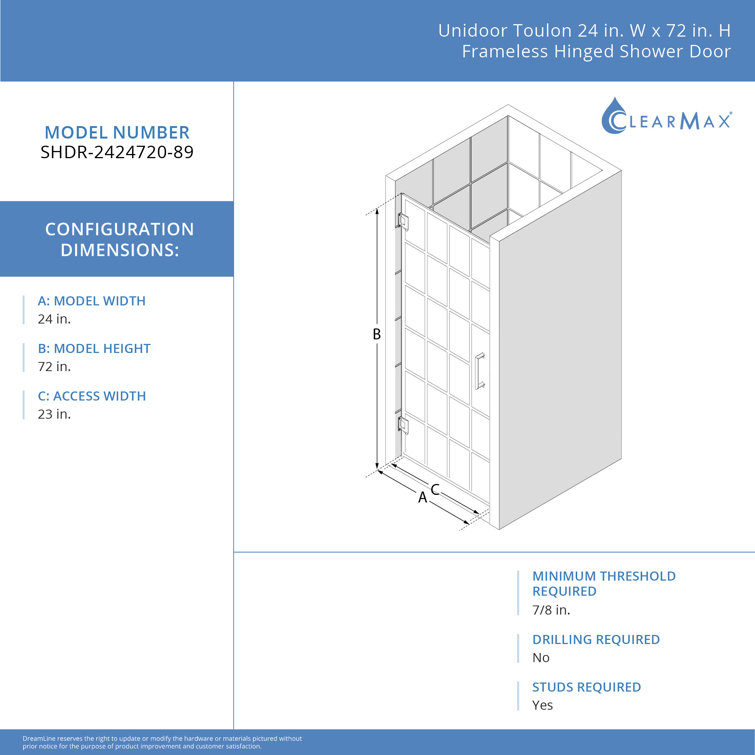 Unidoor Toulon 24" Matte Black Frameless Hinged Shower Door