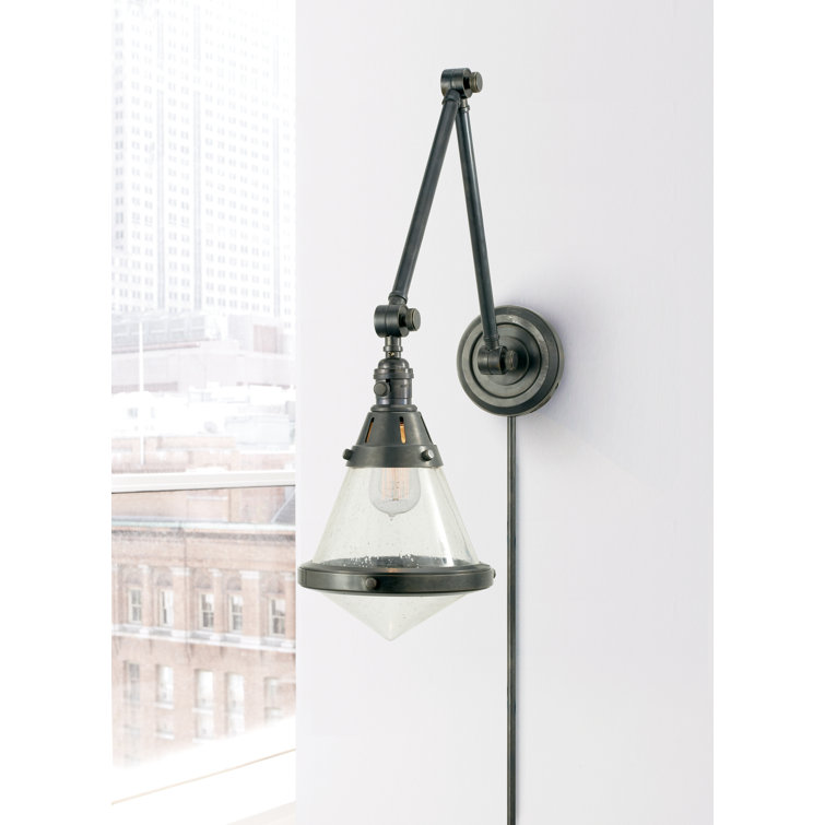 Antique Brass and White Glass Dimmable Plug-In Sconce