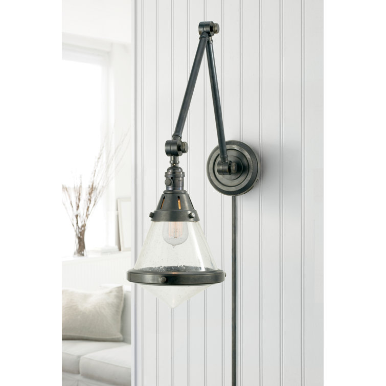 Antique Brass and White Glass Dimmable Plug-In Sconce