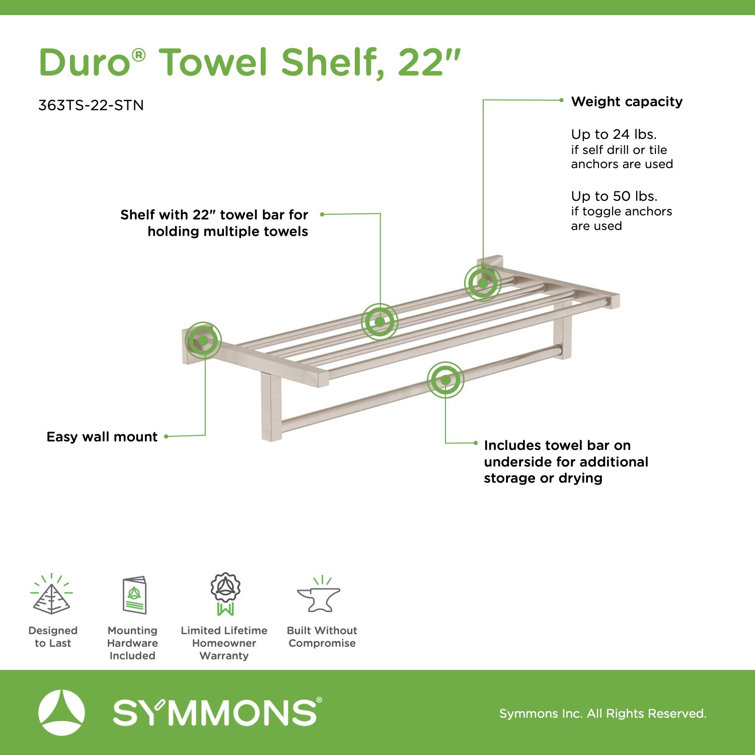 Duro 22" Satin Nickel Wall-Mounted Towel Shelf with Towel Bar