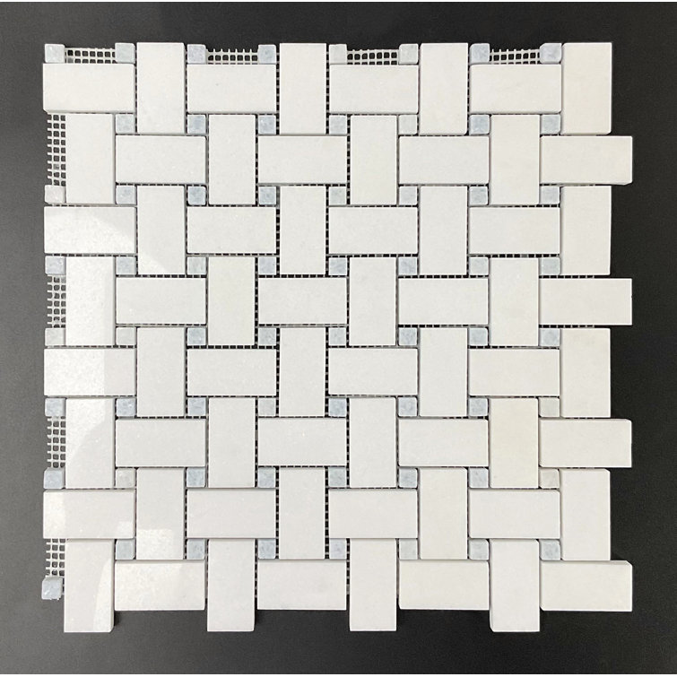 Thassos White and Blue Dot Marble Basketweave Mosaic Tile