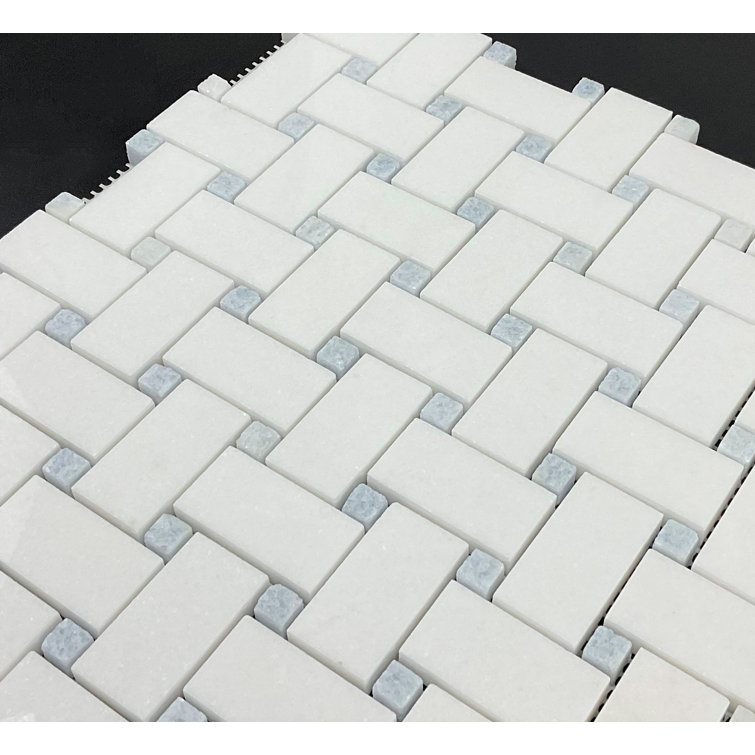 Thassos White and Blue Dot Marble Basketweave Mosaic Tile