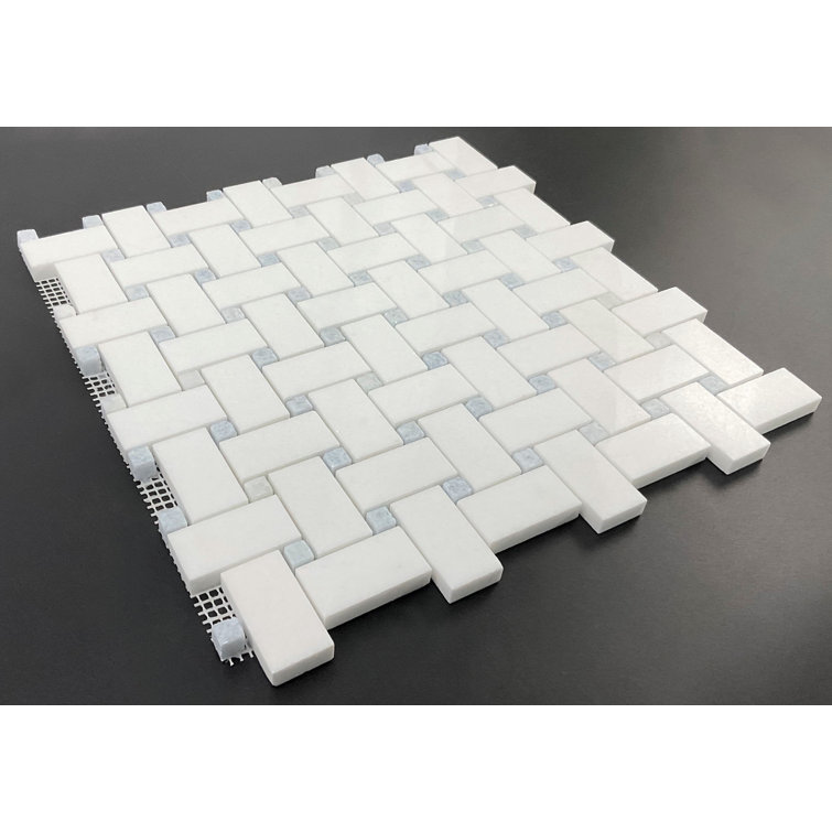 Thassos White and Blue Dot Marble Basketweave Mosaic Tile