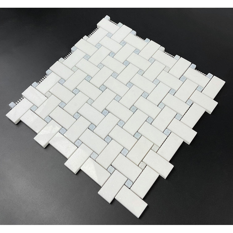 Thassos White and Blue Dot Marble Basketweave Mosaic Tile