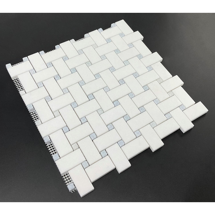 Thassos White and Blue Dot Marble Basketweave Mosaic Tile