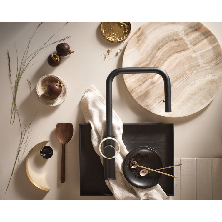 Matte Black Brass Pull-Down Kitchen Faucet with C-Spout