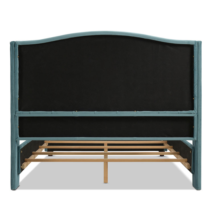 Sky Neutral Queen Upholstered Wingback Bed with Nailhead Trim