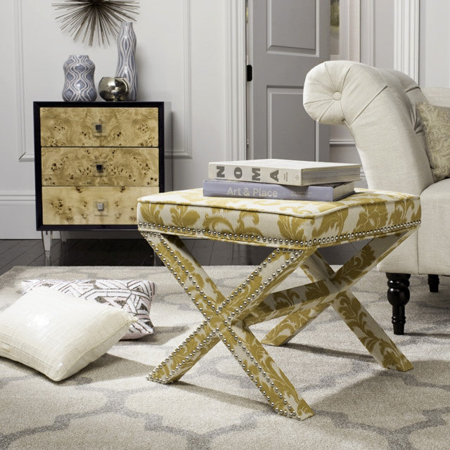 Maize and Beige Damask Pattern Upholstered Ottoman with Silver Nailhead Trim