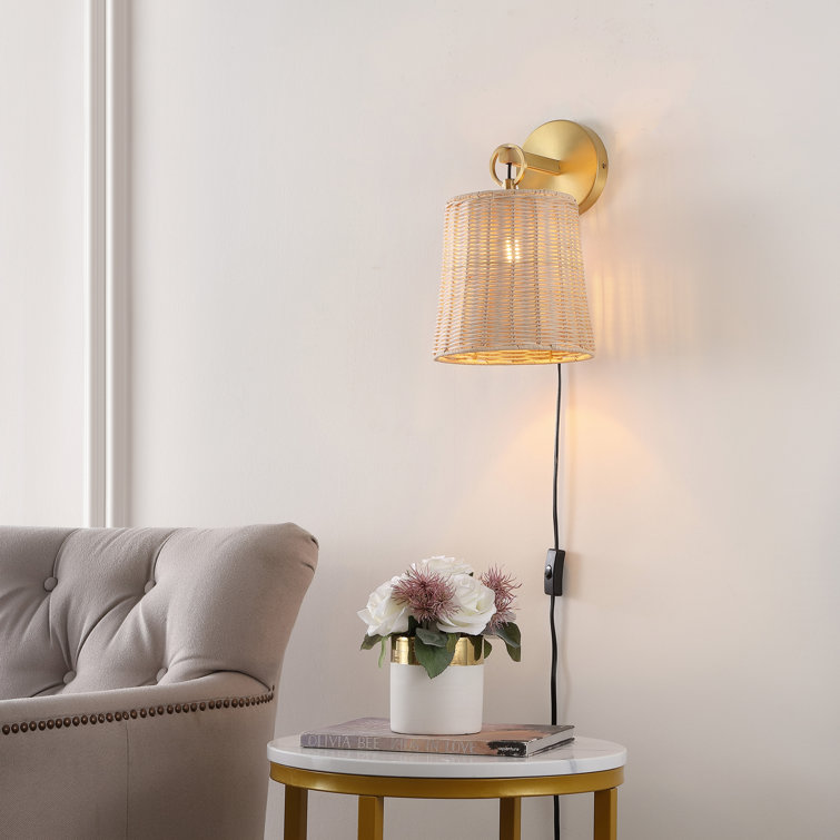 Elegant Brass and Rattan 10" Plug-In Wall Sconce Set