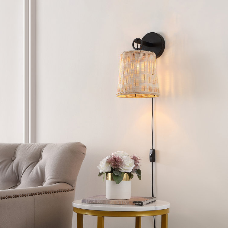 Ciaran Black Metal Wall Sconce with Rattan Shade