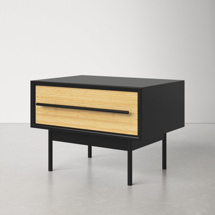 Black and Natural Bamboo 1-Drawer Nightstand with Metal Handle