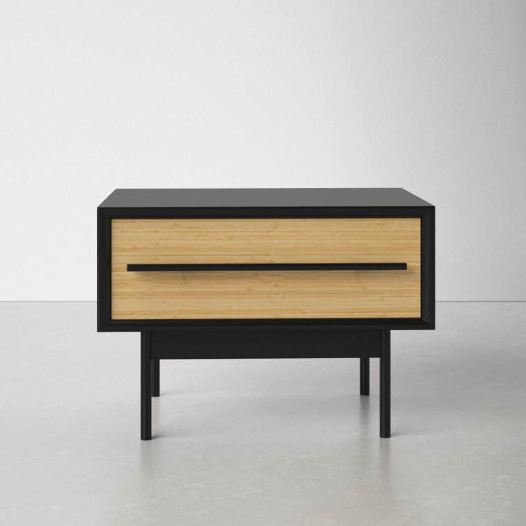 Black and Natural Bamboo 1-Drawer Nightstand with Metal Handle