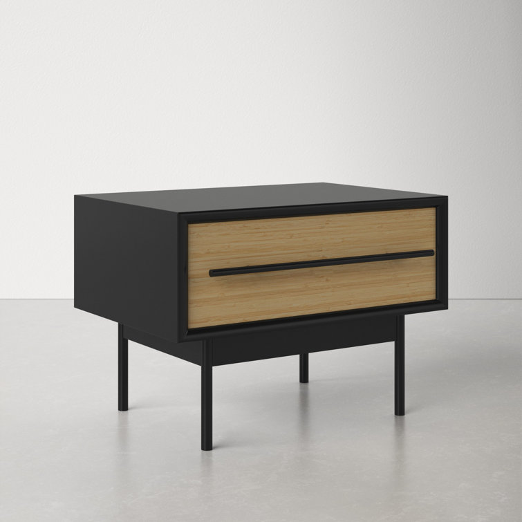 Black and Natural Bamboo 1-Drawer Nightstand with Metal Handle