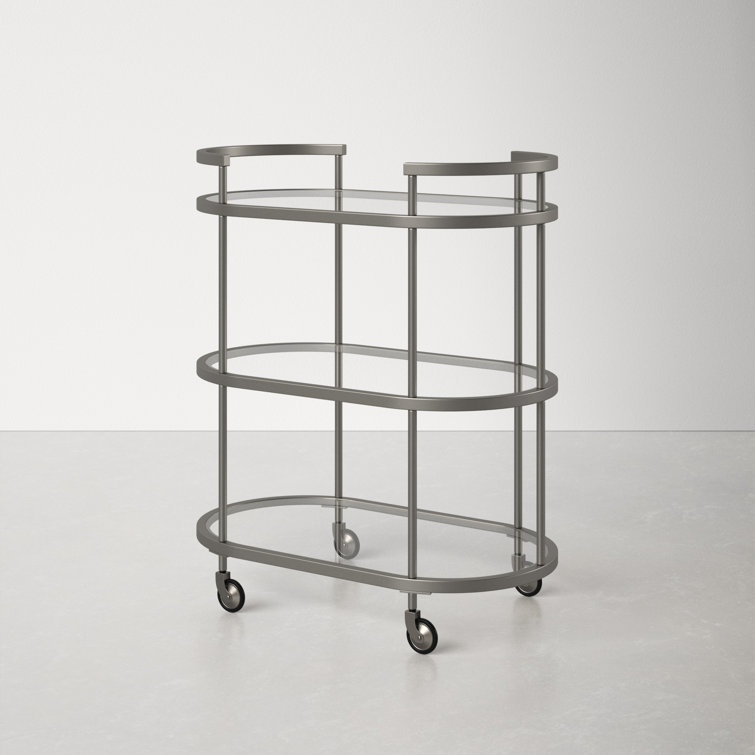 Evelyn&Zoe Satin Nickel Oval Bar Cart with Tempered Glass Shelves