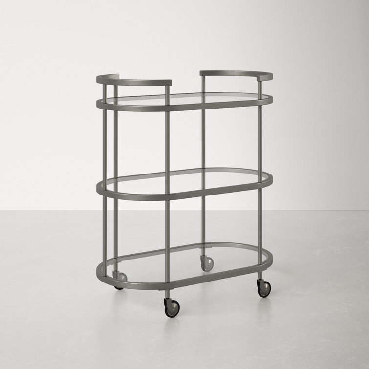 Evelyn&Zoe Satin Nickel Oval Bar Cart with Tempered Glass Shelves