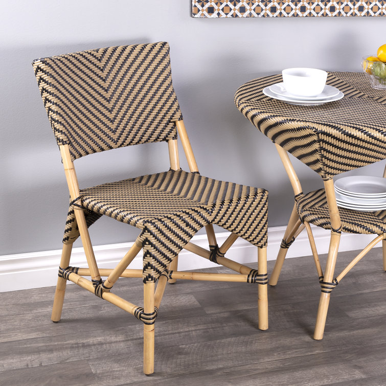 Ciel Coastal Bistro Black and Beige Striped Rattan Side Chair