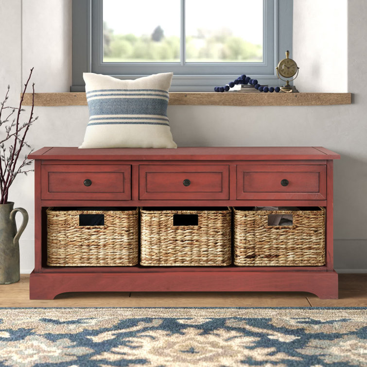 Transitional Red Pine Storage Bench with Wicker Baskets