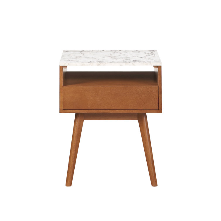 25" Walnut and Faux Marble Side Table with Storage Drawer