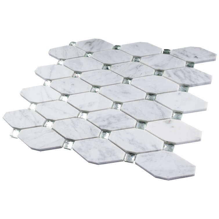 White Carrara Diamond and Dot Marble Mosaic Wall Tile