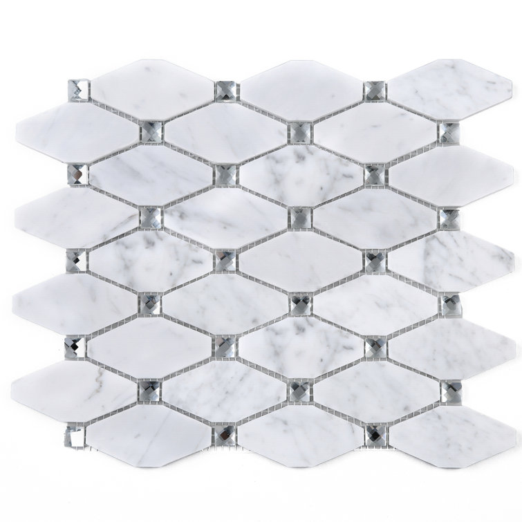 White Carrara Diamond and Dot Marble Mosaic Wall Tile