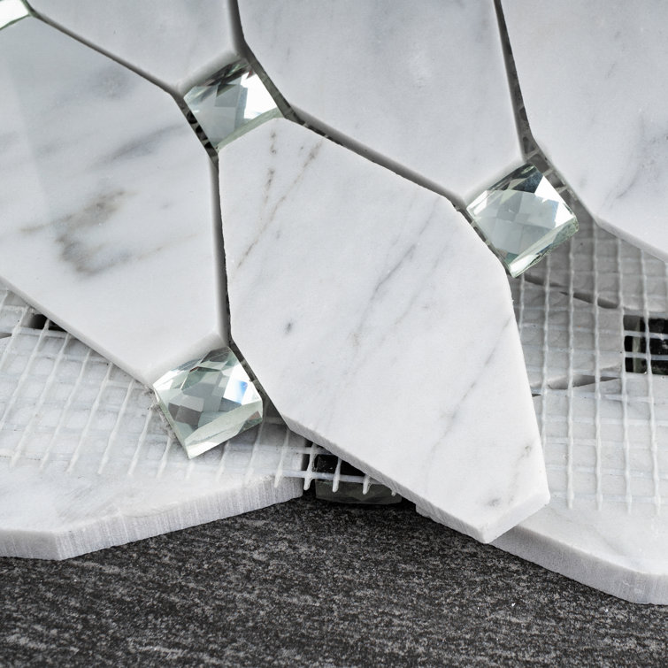 White Carrara Diamond and Dot Marble Mosaic Wall Tile