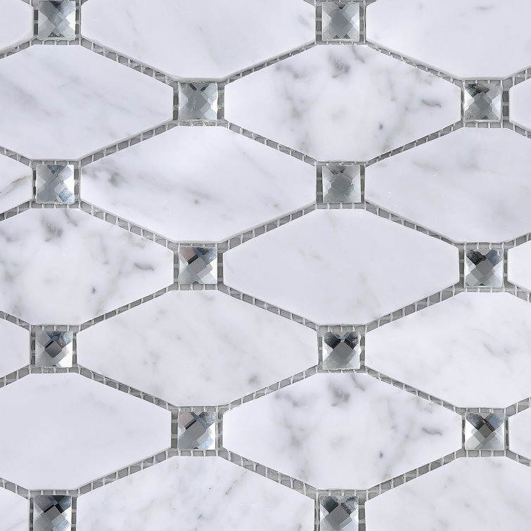White Carrara Diamond and Dot Marble Mosaic Wall Tile