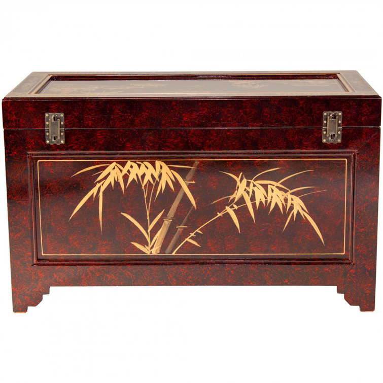 Hand-Crafted Red Lacquer Storage Trunk with Gold Landscape Design