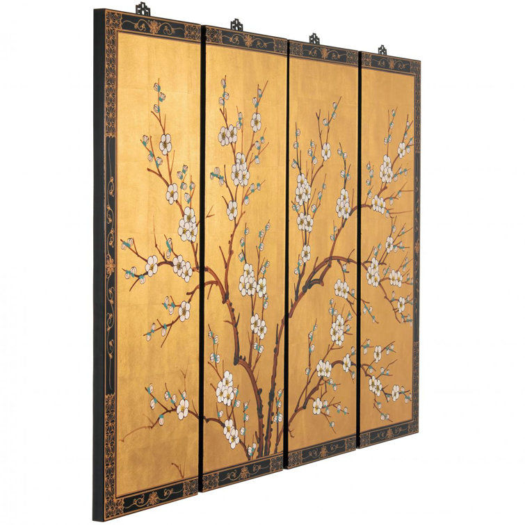 Gold Lacquer Cherry Blossom Wall Art Panels with Hanging Hardware