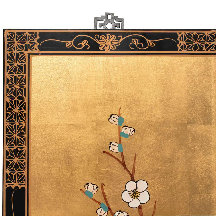 Gold Lacquer Cherry Blossom Wall Art Panels with Hanging Hardware