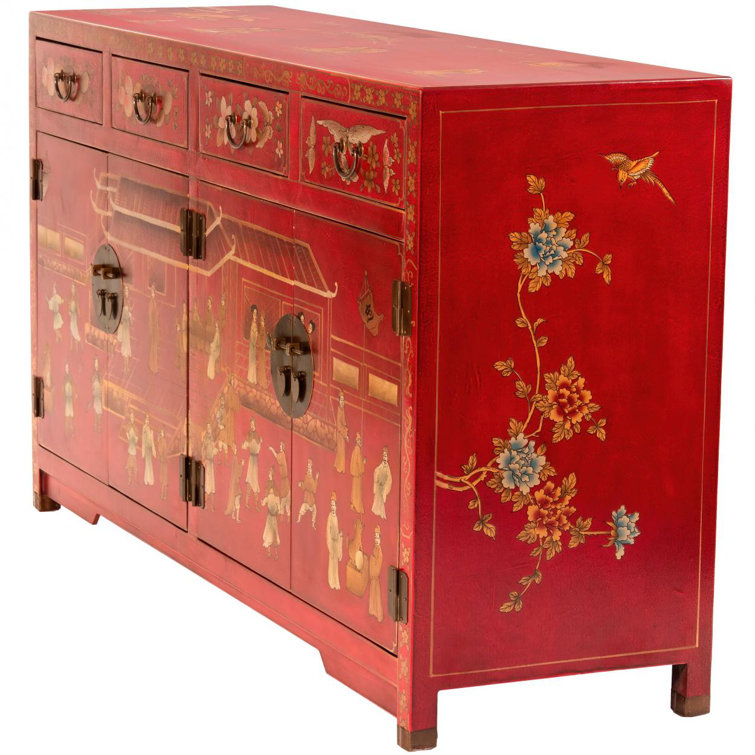 Traditional Red and Gold Elm Wood Buffet with Brass Accents