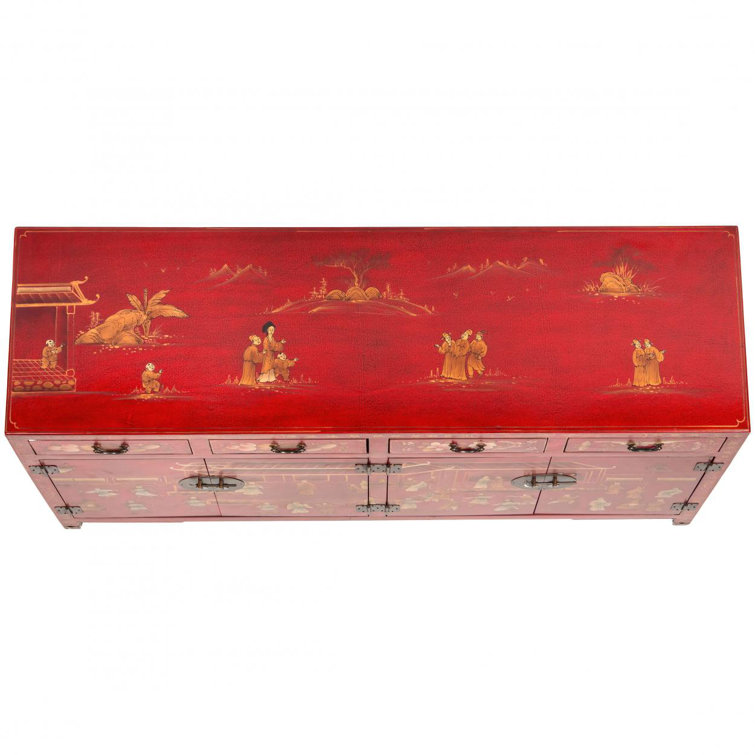Traditional Red and Gold Elm Wood Buffet with Brass Accents