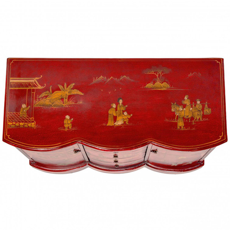 Hand-Painted Red and Gold Lacquer Wood Accent Cabinet