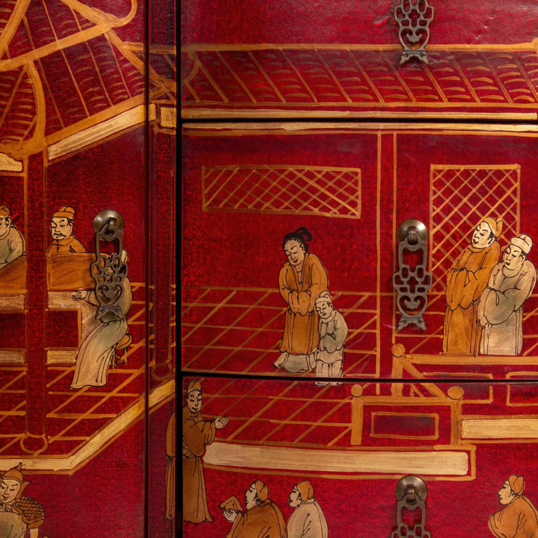Hand-Painted Red and Gold Lacquer Wood Accent Cabinet