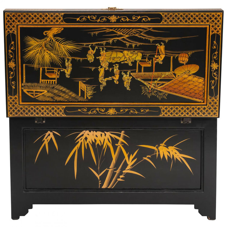 Guangdong Black Lacquer 40" Hand-Painted Ching Ming Storage Trunk