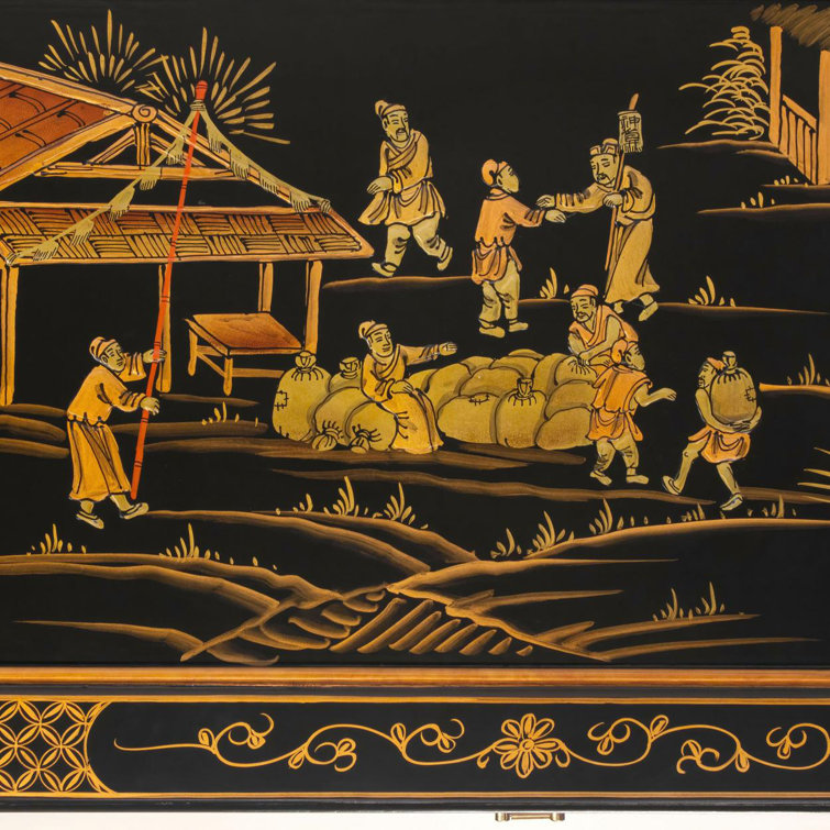 Guangdong Black Lacquer 40" Hand-Painted Ching Ming Storage Trunk