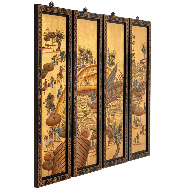 Ching Ming Gold Lacquered Elm Wood Wall Art Set