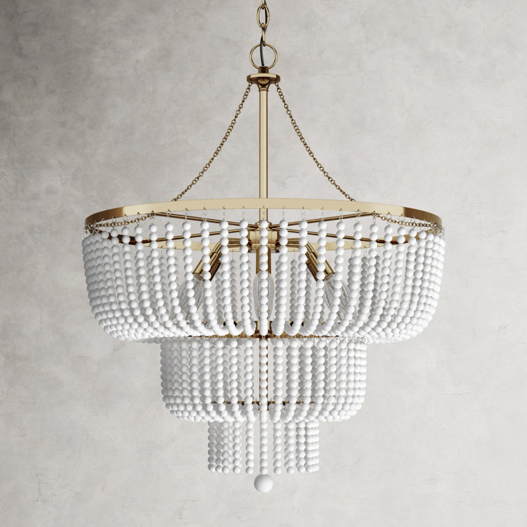 Satin Brass and White Beaded 6-Light Tiered Chandelier