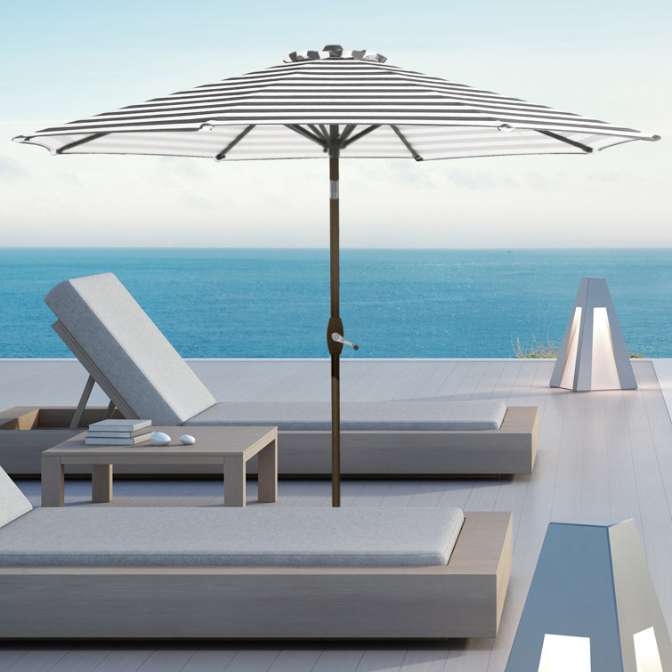 Gray and White Striped 9 Ft Steel Patio Umbrella with Tilt and Crank