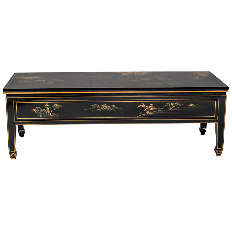 Black Lacquer Hand-Painted Landscape Coffee Table with Storage