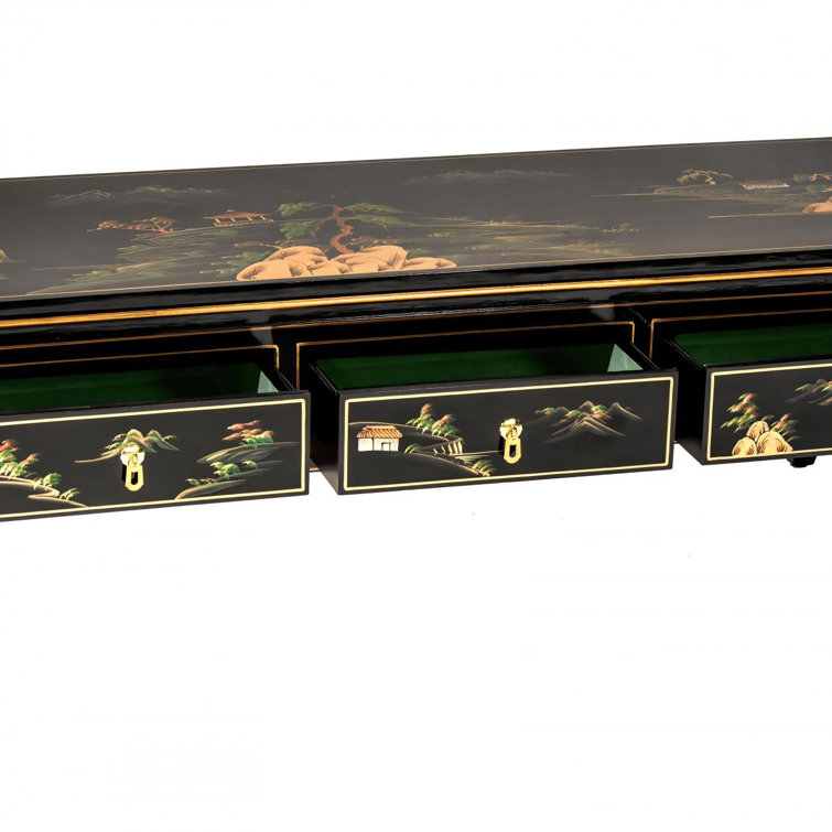 Black Lacquer Hand-Painted Landscape Coffee Table with Storage