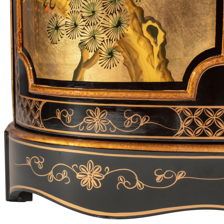 Gold Lacquer Hand-Painted Cranes Solid Wood Accent Cabinet